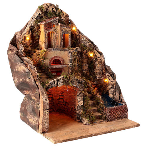 Illuminated Neapolitan Nativity Scene setting with oven and brook for 12 cm figurines, 50x35x30 cm 3