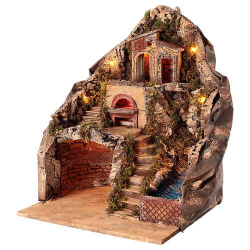 Illuminated Neapolitan Nativity Scene setting with oven and brook for 12 cm figurines, 50x35x30 cm 4