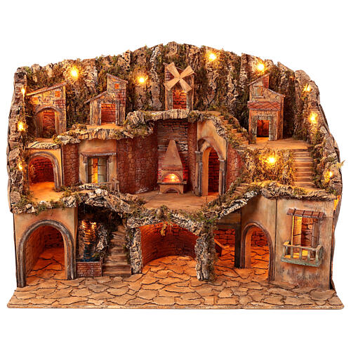 Neapolitan Nativity Scene setting with brook and windmill for 12 cm figurines, 75x100x70 cm 1