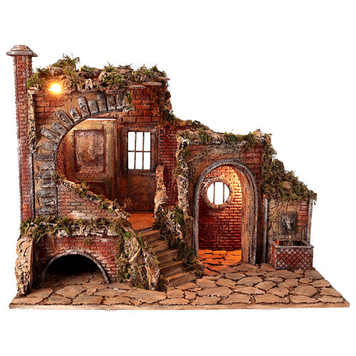 Ruined building for 8 cm Neapolitan Nativity Scene with fountain, cork and wood, 50x65x40 cm 1