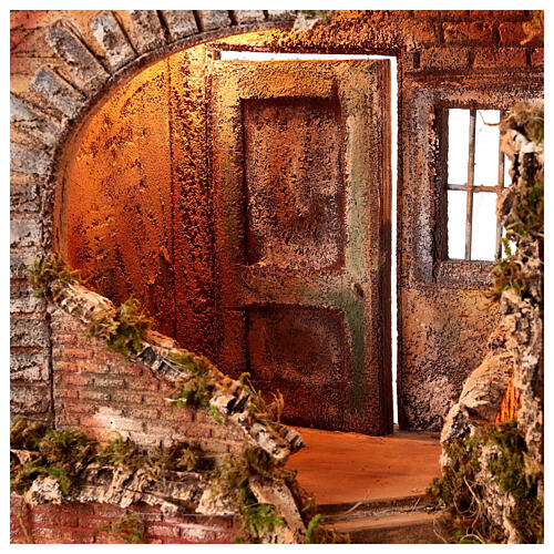 Ruined building for 8 cm Neapolitan Nativity Scene with fountain, cork and wood, 50x65x40 cm 4