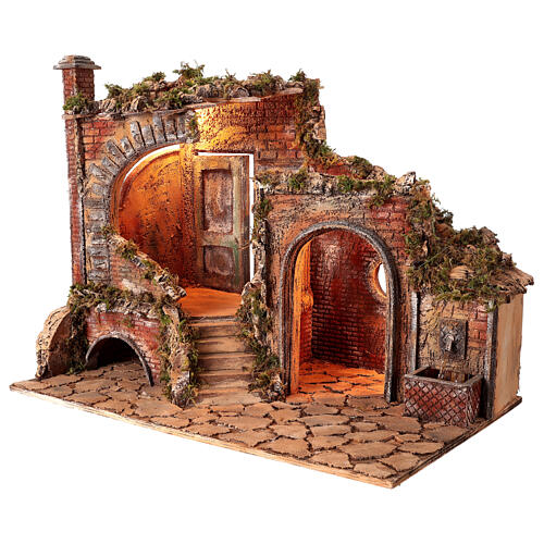 Ruined building for 8 cm Neapolitan Nativity Scene with fountain, cork and wood, 50x65x40 cm 5