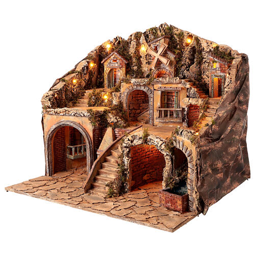 Neapolitan Nativity Scene setting for 12 cm characters, lights oven brook and windmill, 65x70x65 cm 5