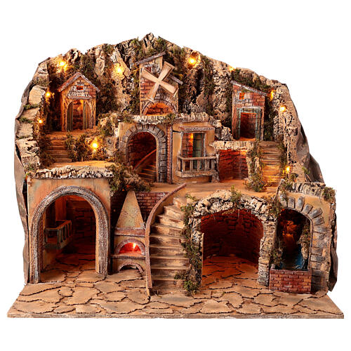 Presepe napoletano per statue 12 cm legno luci forno ruscello e mulino 65x70x65 cm 1