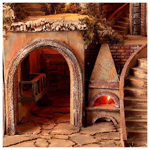 Presepe napoletano per statue 12 cm legno luci forno ruscello e mulino 65x70x65 cm 2