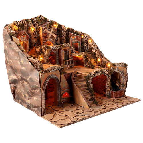 Presepe napoletano per statue 12 cm legno luci forno ruscello e mulino 65x70x65 cm 3