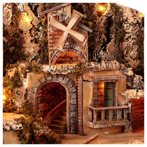 Presepe napoletano per statue 12 cm legno luci forno ruscello e mulino 65x70x65 cm 4