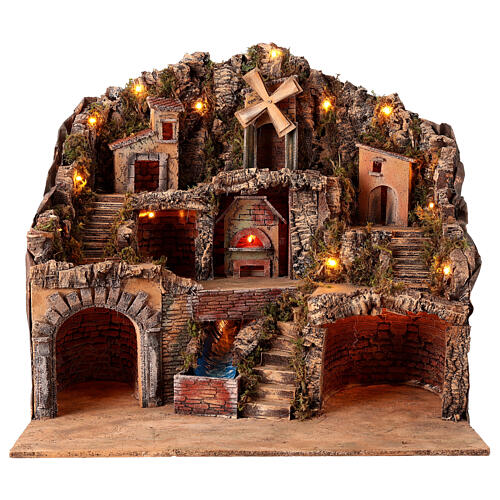 Neapolitan Nativity Scene setting for 10 cm figurines with oven brook and windmill, cork and wood, 55x60x40 cm 1