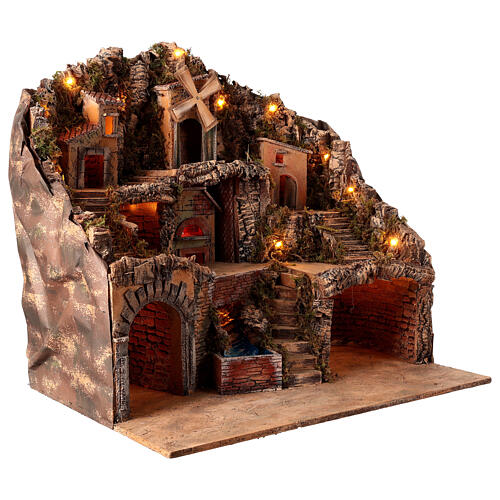 Neapolitan Nativity Scene setting for 10 cm figurines with oven brook and windmill, cork and wood, 55x60x40 cm 3