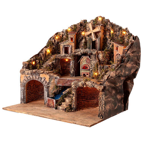 Neapolitan Nativity Scene setting for 10 cm figurines with oven brook and windmill, cork and wood, 55x60x40 cm 5