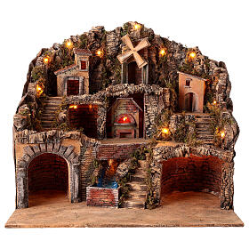 Nativity scene stable village 10 cm Neapolitan wood cork oven stream mill 55x60x40 cm