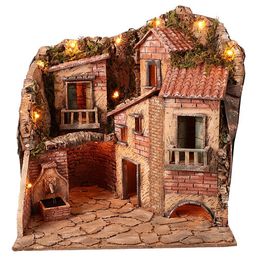 Illuminated Neapolitan Nativity Scene with fountain for 12 cm figurines, 55x55x40 cm 1