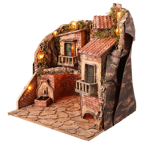 Illuminated Neapolitan Nativity Scene with fountain for 12 cm figurines, 55x55x40 cm 3