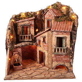 Neapolitan nativity scene with fountain for statues 12 cm illuminated 55x55x40 cm