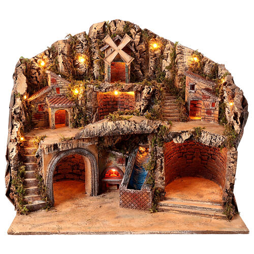 Setting for 12 cm Neapolitan Nativity Scene with brook and windmill, 50x60x40 cm 1