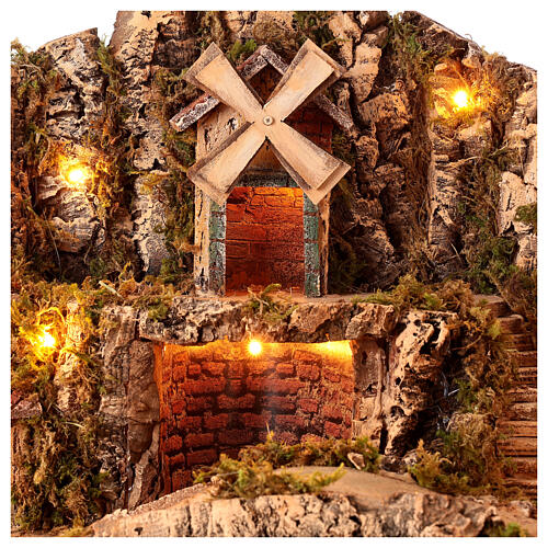 Setting for 12 cm Neapolitan Nativity Scene with brook and windmill, 50x60x40 cm 4