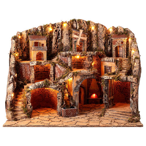 Setting with brook, oven and windmill for 10 cm figurines, Neapolitan Nativity Scene village, 70x85x60 cm 1