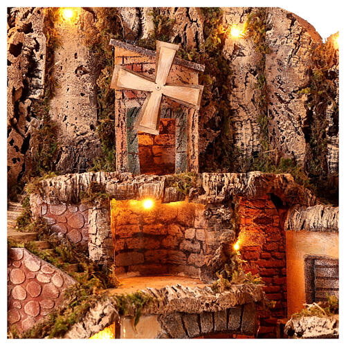 Setting with brook, oven and windmill for 10 cm figurines, Neapolitan Nativity Scene village, 70x85x60 cm 4