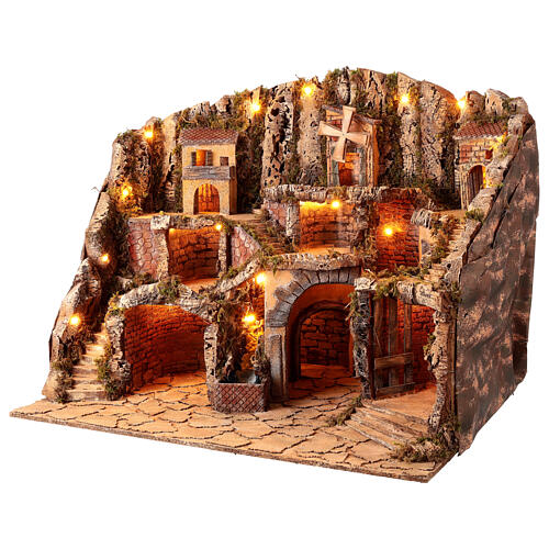 Setting with brook, oven and windmill for 10 cm figurines, Neapolitan Nativity Scene village, 70x85x60 cm 5