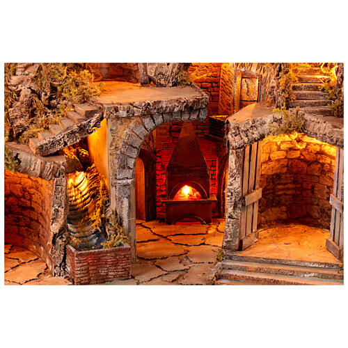 Setting with brook, oven and windmill for 10 cm figurines, Neapolitan Nativity Scene village, 70x85x60 cm 2