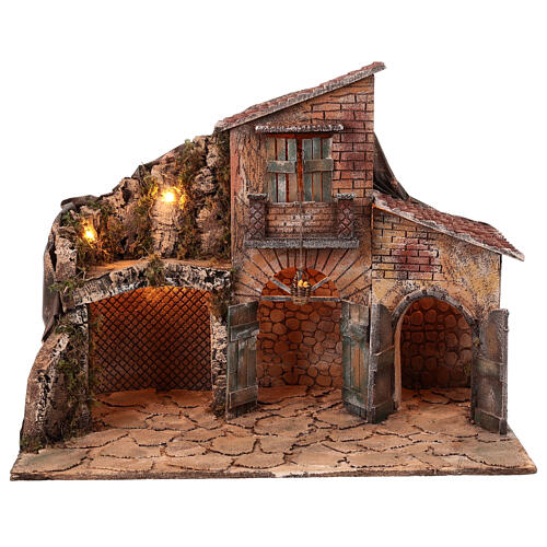 House with stable for 14-16 cm Neapolitan Nativity Scene, animated basket, 45x60x35 cm 1