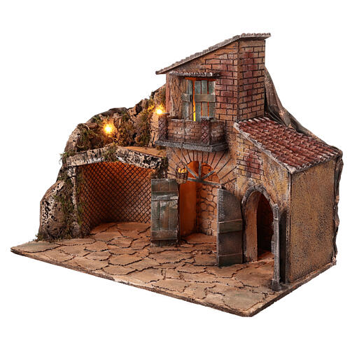 House with stable for 14-16 cm Neapolitan Nativity Scene, animated basket, 45x60x35 cm 3