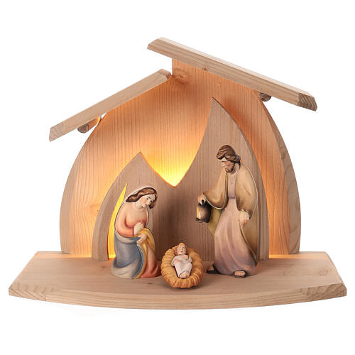 "Altea" stable with painted "Rudolf" Nativity, set of 3, Val Gardena wood with LED 1