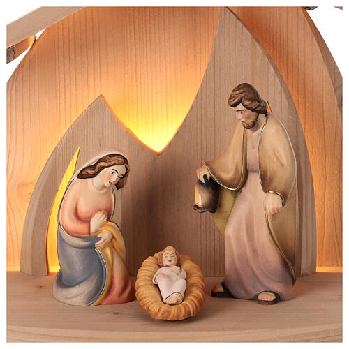 "Altea" stable with painted "Rudolf" Nativity, set of 3, Val Gardena wood with LED 2