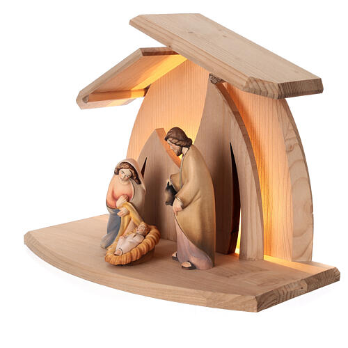 "Altea" stable with painted "Rudolf" Nativity, set of 3, Val Gardena wood with LED 4