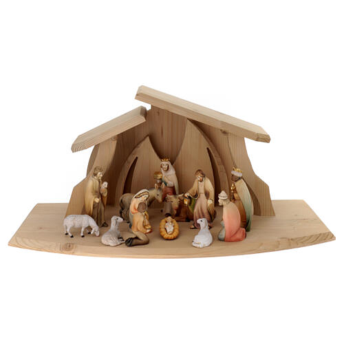 Val Gardena Nativity Scene with "Altea" stable and painted "Rudolf" figurines, set of 13 pieces of 9 cm 1