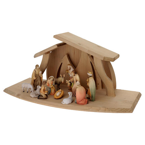 Val Gardena Nativity Scene with "Altea" stable and painted "Rudolf" figurines, set of 13 pieces of 9 cm 3