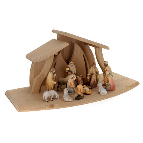 Val Gardena Nativity Scene with "Altea" stable and painted "Rudolf" figurines, set of 13 pieces of 9 cm 6