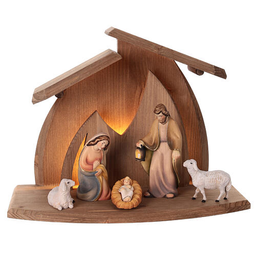 Komplettkrippe, Set, Stall Altea plus Figuren-Set Rudolf, 12 cm, Grödner Kunsthandwerk, Holz coloriert, LED 1