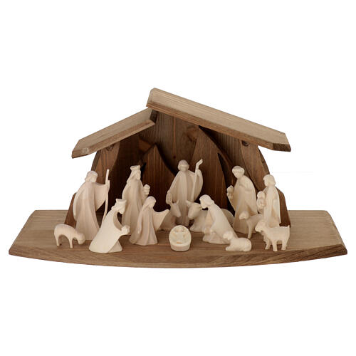 Val Gardena Nativity Scene with Altea stable and 7 cm Aram figurines, set of 16 with natural finish 1