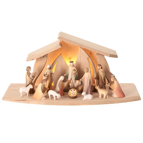 Painted Val Gardena Nativity Scene "Altea" with 7 cm "Aram" characters, set of 16 pieces, LED light 1