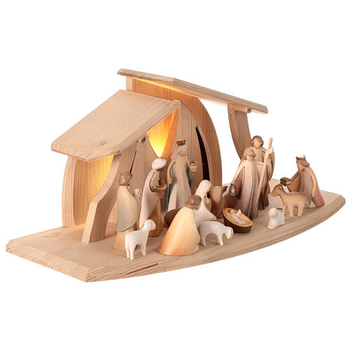 Painted Val Gardena Nativity Scene "Altea" with 7 cm "Aram" characters, set of 16 pieces, LED light 5