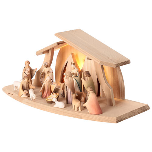 Crèche Altea colorée figurines Aram 7 cm Val Gardena 16 pcs lumières LED 3