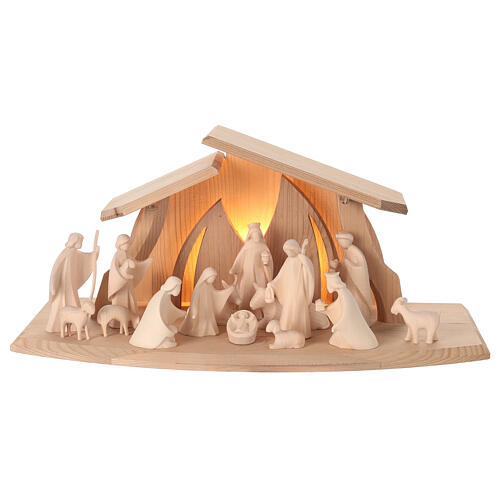 Val Gardena Nativity Scene "Altea" with 7 cm "Aram" characters, set of 16 pieces, LED light, natural wood 1