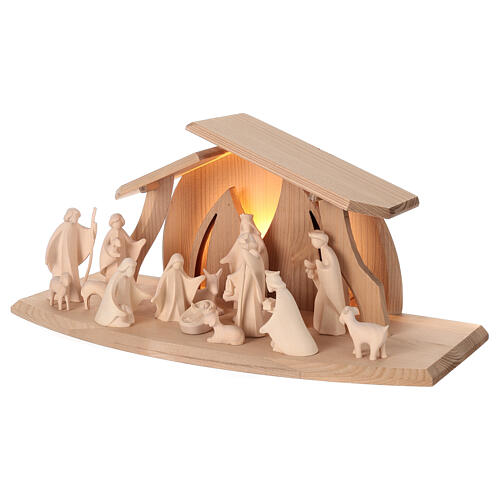 Val Gardena Nativity Scene "Altea" with 7 cm "Aram" characters, set of 16 pieces, LED light, natural wood 3