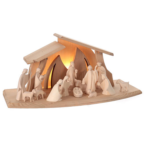 Val Gardena Nativity Scene "Altea" with 7 cm "Aram" characters, set of 16 pieces, LED light, natural wood 5