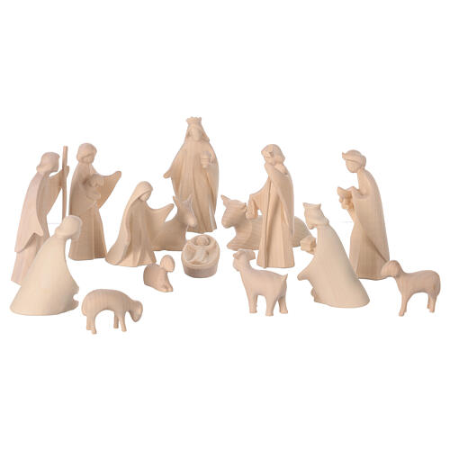 Val Gardena Nativity Scene "Altea" with 7 cm "Aram" characters, set of 16 pieces, LED light, natural wood 8