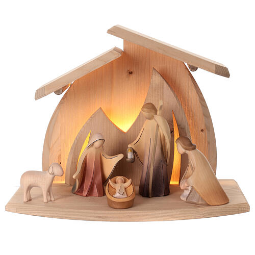 Crèche Altea Val Gardena colorée Nativité Aram 13 cm 6 pcs lumières LED 1