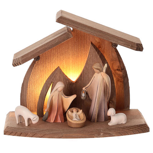 Komplettkrippe, Stall Altea, 7 cm Aram-Figurenserie, 6-teilig, Holz lasiert/koloriert, mit LED-Beleuchtung, Grödner Kunsthandwerk 1