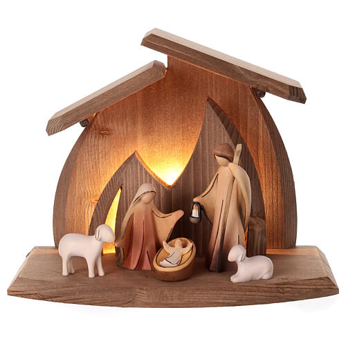 Komplettkrippe, Stall Altea, 10 cm Aram-Figurenserie, 6-teilig, Holz lasiert/koloriert, mit LED-Beleuchtung, Grödner Kunsthandwerk 1