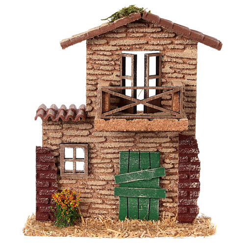 Fachada casa cortiça com balcão 15x20x5 cm presépio 6 cm 1