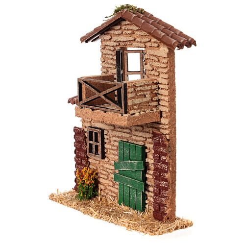 Fachada casa cortiça com balcão 15x20x5 cm presépio 6 cm 2