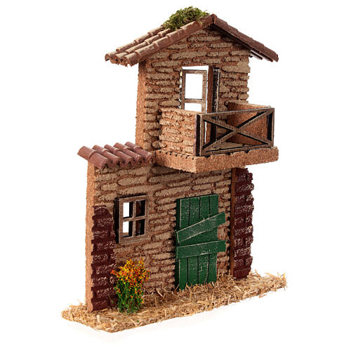 Fachada casa cortiça com balcão 15x20x5 cm presépio 6 cm 3