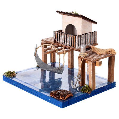 Portion de mer : cabane pêcheur avec mer 20x15x15 cm crèche 6 cm 3