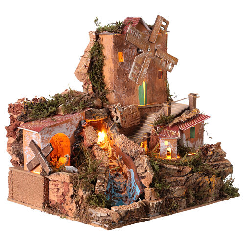 Aldeia com moinho de vento e iluminação para presépio 8-10 cm 25x25x20 cm 2