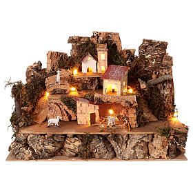 Illuminated setting with houses and sheeps for 4 cm Nativity Scene, 30x20x25 cm